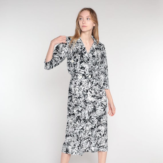 Vintage Leaf Print Dress 80s Black White Midi Dress Retro High Waisted Secretary Dress 3/4 Puff Sleeve Collared V Neck Pencil 1980s Small S
