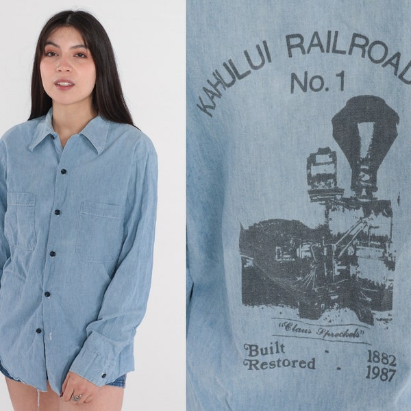 Kahului Railroad Co Shirt 80s Blue Chambray Button up Shirt Hawaii Train Graphic Long sleeve Collar Cotton Vintage 1980s Mens Medium 15 1/2