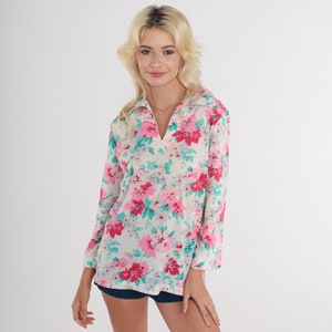 White Floral Blouse 70s Shirt Wing Collar V Neck Top Tie Belt Long Sleeve Flower Print Hippie Summer Pink Green Retro Vintage 1970s Medium M