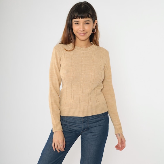 Vintage Tan Cable Knit Sweater 70s 80s Knit Boho Pullover Cableknit 1970s Jumper Crewneck 1980s Fitted Preppy Small S
