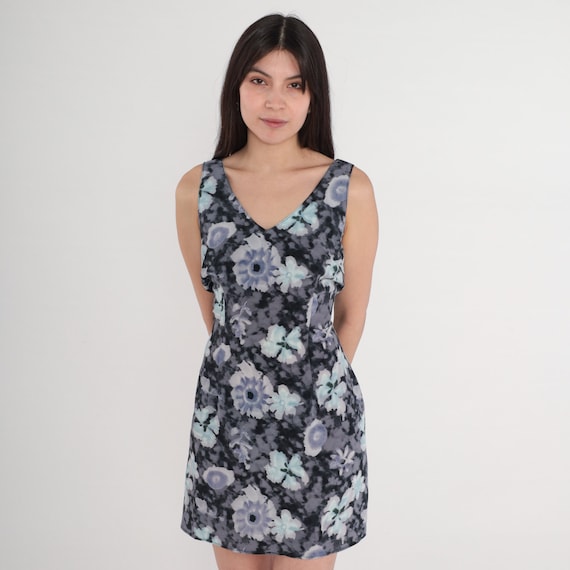 Tie Dye Floral Dress 90s Grunge Mini Dress Black Grey Purple Cloud Dye Flower Print Summer Sleeveless Sundress V Neck Vintage 1990s Small S