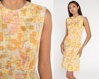 60s Mini Dress Yellow Orange Geometric Print Button Up Mod High Waisted Boho Vintage Sleeveless 1960s Minidress Gogo Extra Small xs