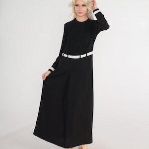 Black Maxi Dress 90s Long White Trim Dress Long Sleeve Simple Chic Basic Plain Low Waist Minimalist Dress Vintage 1990s Medium M