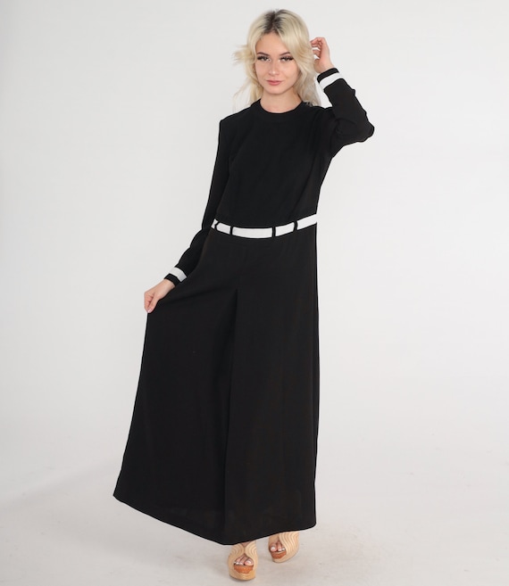 Black Maxi Dress 90s Long White Trim Dress Long Sleeve Simple Chic Basic Plain Low Waist Minimalist Dress Vintage 1990s Medium M
