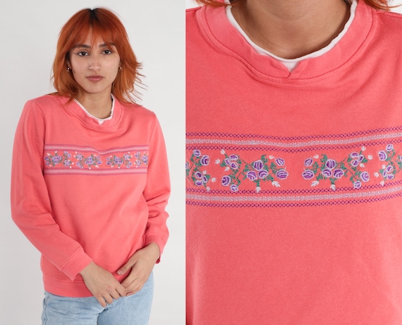 Salmon Pink Floral Sweatshirt 90s Embroidered Flower Sweater Retro Graphic Sweatshirt Vintage 1990s Double Collar Medium