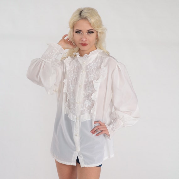 Victorian Blouse 70s Semi-Sheer White Button Up T… - image 2