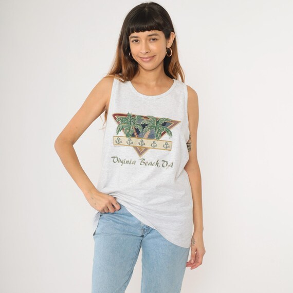 90s Virginia Beach Tank Top Muscle Tee Tropical Tourist TShirt Beach Palm Tree Anchor Shirt Graphic Tee Grey Vintage 1990s Extra Large xl