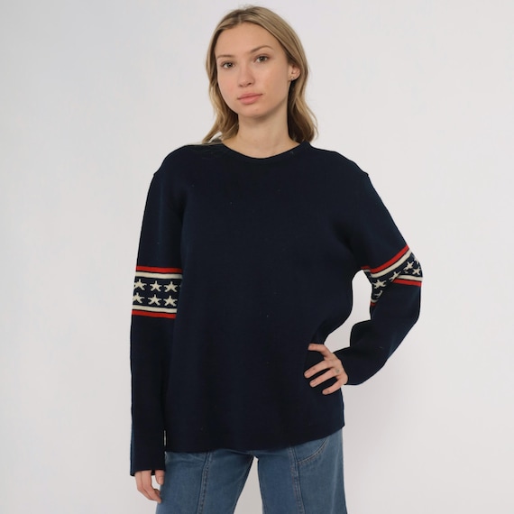 Demetre Ski Sweater 80s Navy Blue American Flag Stars Wool Vintage USA Patriotic Red White Stripe Americana Crewneck Pullover Large L