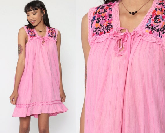 Embroidered Mexican Dress Pink Oaxacan 