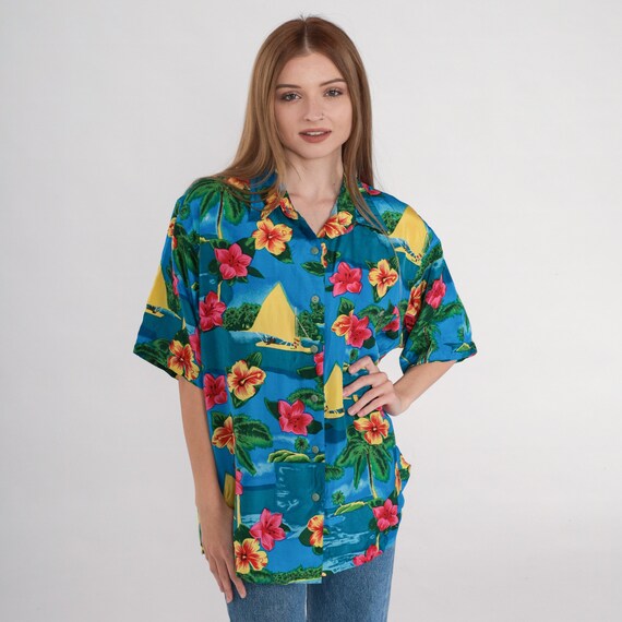 Vintage Blue Hawaiian Shirt 90s Silk Button Up Blouse Tropical Hibiscus Flower Sailboat Print Short Sleeve Summer Top Boat 1990s Large L
