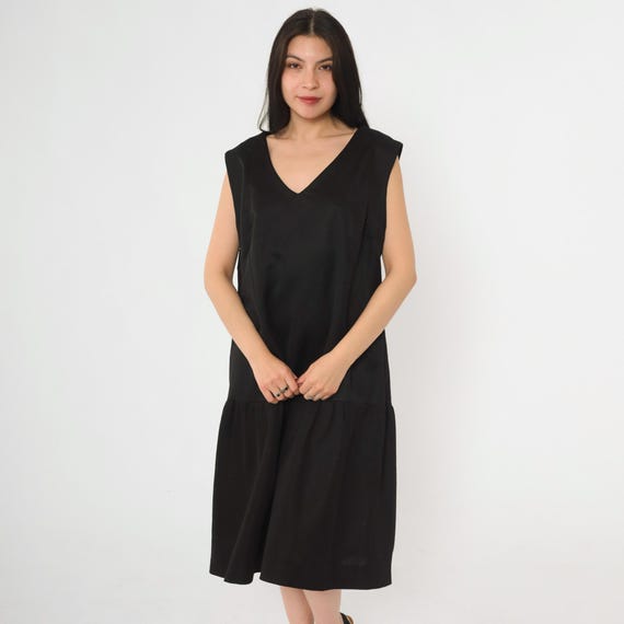 Vintage Black Drop Waist Dress 60s Cocktail Midi Mod Scooter 1960s Space Age Sleeveless V Neck Sixties Twiggy Little Black Dress Large