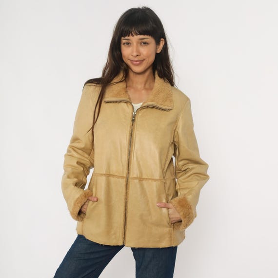 Leather Shearling Bomber Jacket 80s Tan Camel Aviator Flight Zip Front Winter Vintage Lined Warm Beige Brown Outerwear Moto Western Large L