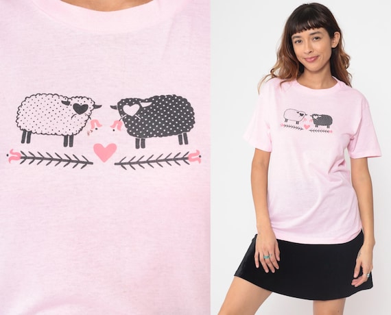 Pink Sheep Shirt 80s Vintage Cute Animal Graphic Tee Kawaii Heart Print Soft Grunge Cottagecore CHED By Anvil Cotton Poly Blend Large L