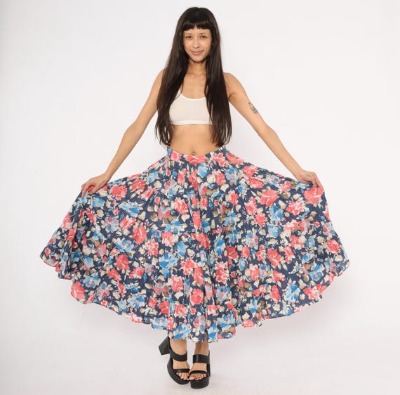 80s Prairie Floral Tiered Skirt Navy Coral Blue Watercolor Print Cotton Full Sweep Cottagecore Summer Spring Bohemian Womens Large L