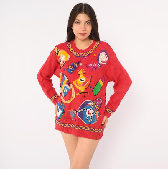 90s Novelty Knit Sweater Perfume Lipstick Jewelry Embroidered Rhinestone Long Sleeve Rainbow Slouchy Weird Girl Eccentric Vintage Medium M