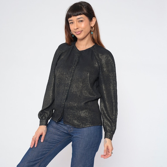 Metallic Blouse 90s Sparkly Black Gold Shirt Hidden Button Up Top Long Puff Sleeve Glitter Fitted Going Out Party Glam Vintage 1990s Small S