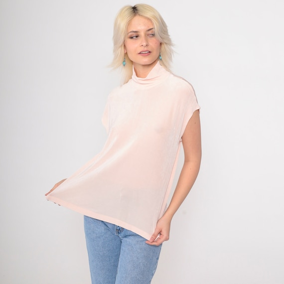 90s Mock Neck Top Baby Pink Blouse Semi-Sheer Mockneck Cap Sleeve T Shirt Retro Tight Stretchy Pastel Plain Casual Vintage 1990s Medium M