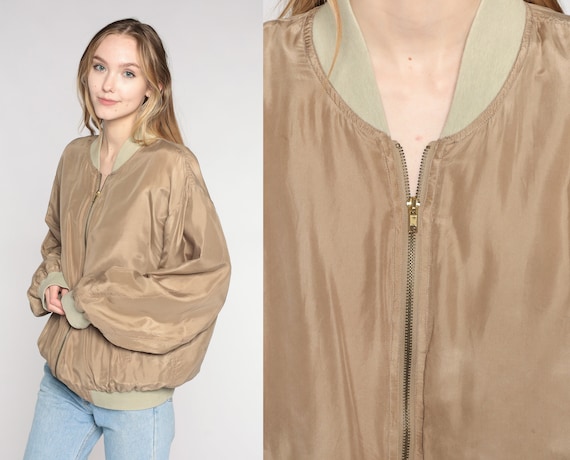 Brown Silk Bomber Jacket y2k Zip Up Windbreaker Retro Basic Minimalist Simple Plain Streetwear Fall Neutral Earth Tone Vintage 00s Medium M