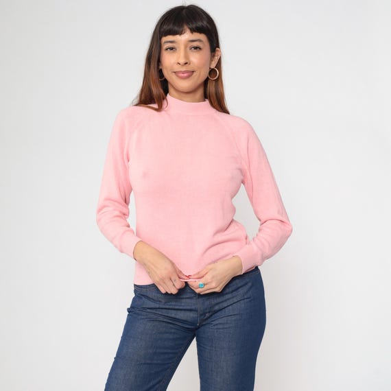 Vintage Baby Pink Pullover Sweater 80s Mock Neck Sweater Acrylic Knit Sweater Retro 1980s Raglan Sleeve Top Small 34