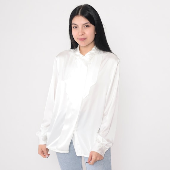 White Satin Blouse 90s Shiny Pleated Top Long Sleeve Tuxedo Shirt Collared Formal Cocktail Secretary Feminine Simple Vintage 1990s Large L