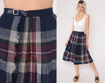 Plaid Kilt Skirt 70s Navy Blue Midi Pleated Tartan Skirt School Girl Skirt High Waisted Preppy Checkered Vintage 1970s Extra Small XS 0