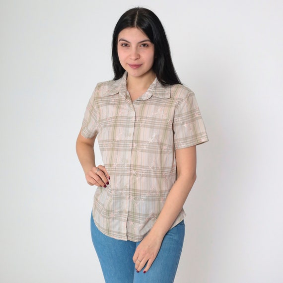 Plaid Floral Blouse 90s Eyelet Embroidered Button Up Shirt Short Sleeve Top 1990s Vintage Checkered Shirt Peach White Green Top Medium