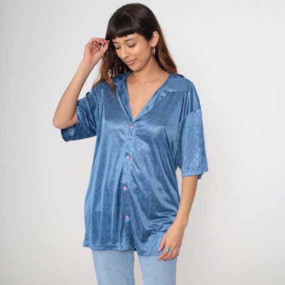 90s Maximalist Shirt Blue Monticerruti Oversized Patterned Button Front Satin Vintage Y2K Bold Print 90s Style Relaxed Top Plus Size XXL 14