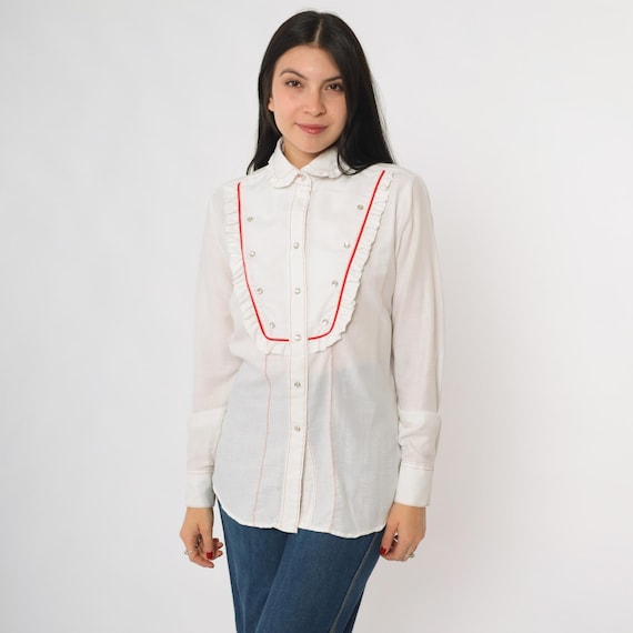 Western Bib Shirt White 80s Rockmount Ranch Wear Red Piping Long Sleeve Button Up Prairie Style Ruffled Bib Front Pearl Snap Size 36