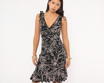 Y2K Floral Sketch Dress Black Pink V Neck Surplice Wrap Bodice Tie Shoulder Sleeveless Ruffle City Triangles Y2K Going Out Frock Small S