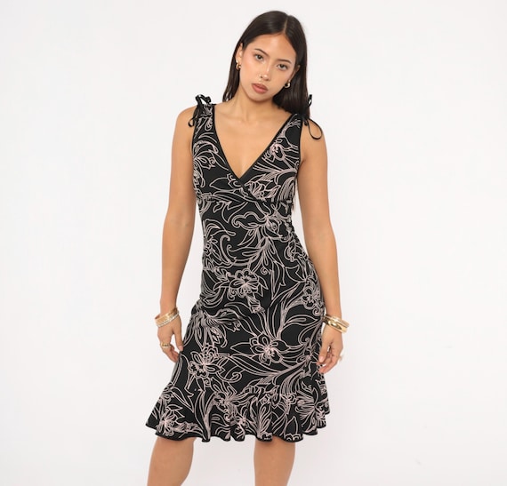 Y2K Floral Sketch Dress Black Pink V Neck Surplice Wrap Bodice Tie Shoulder Sleeveless Ruffle City Triangles Y2K Going Out Frock Small S