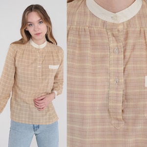 Plaid Blouse 70s Checkered Top Half Button Up Long Sleeve Shirt Retro Preppy Semi-Sheer Tan White Vintage 1970s Organically Grown Small S