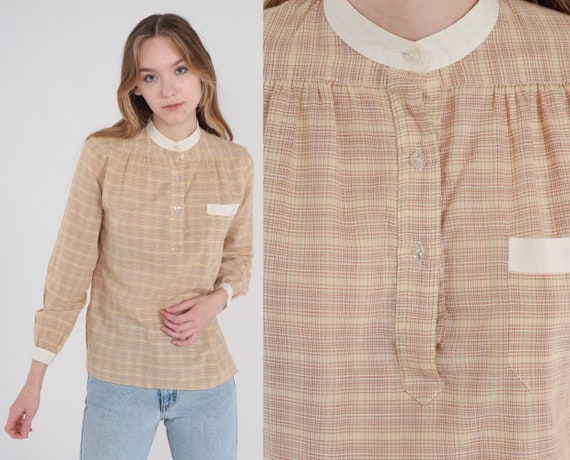Plaid Blouse 70s Checkered Top Half Button Up Long Sleeve Shirt Retro Preppy Semi-Sheer Tan White Vintage 1970s Organically Grown Small S