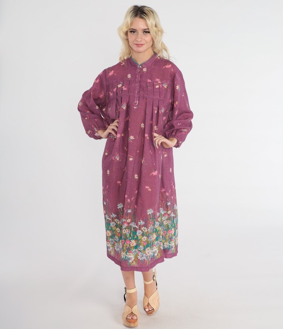 70s Floral Dress Purple Flower Print Tent Boho Midi Dress Button Up \Retro Bohemian Hippie 1970s Vintage Loose Fitting Long Sleeve Large