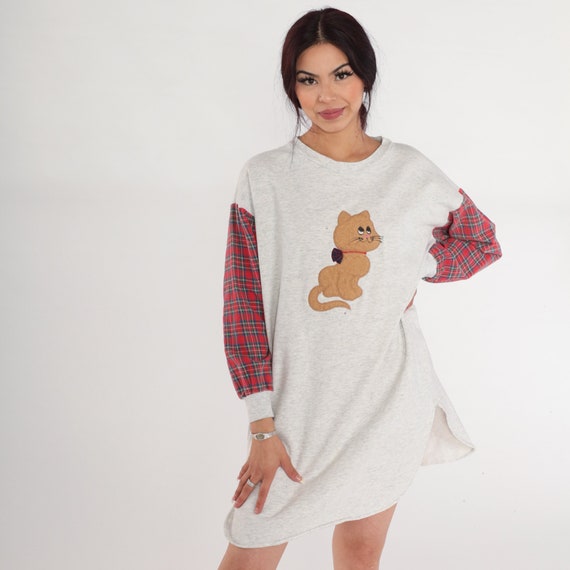 Cat Pajama Dress 90s Kitten Pajamas Grey Red Plaid Long Sleeve Kitty Graphic Mini Nightie Cute Kawaii Tee Vintage 1990s Medium Large