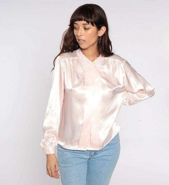 Lace Collar Blouse 80s Baby Pink Satin Top Button Up Pleated Vintage Preppy Collar Secretary Shirt Boho Long Sleeve Vintage 10 Medium M