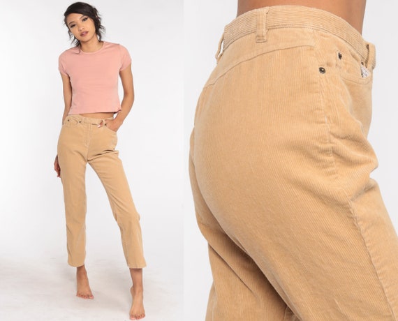 70s Corduroy Pants xs -- 1970s Tan Pants 80s Mid Rise Waist Pants Vintage Straight Leg Cords High Waist Trousers Extra Small xs