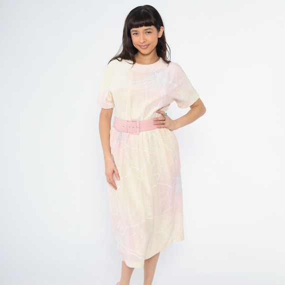 Vintage Backless Pastel Floral Dress 80s Keyhole Back Midi Belted High Waist Pink Yellow Starburst Abstract Short Sleeve 1980s Small Medium