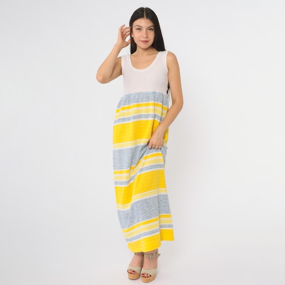 70s Striped Maxi Dress Yellow Grey White Sleeveless Scoop Neck Tank A Line Long Summer Vintage Colorblock Sundress Medium M 9