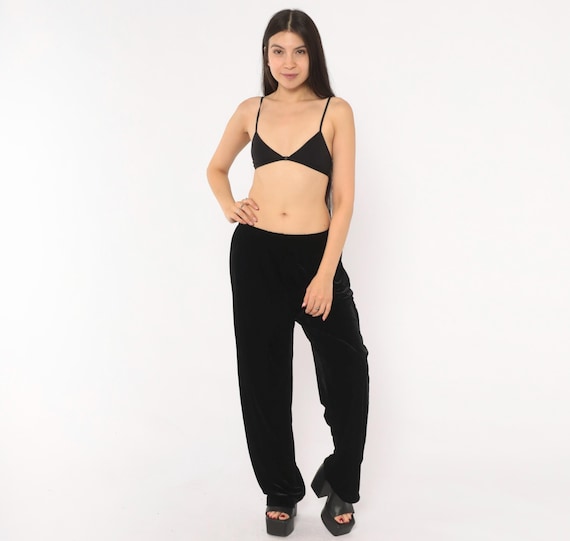 90s Black Velvet Pants Straight Leg Trousers Relaxed Fit Pull On Loungewear Jet Slacks Dark Minimalist Goth Evening Soft Stretch Medium M