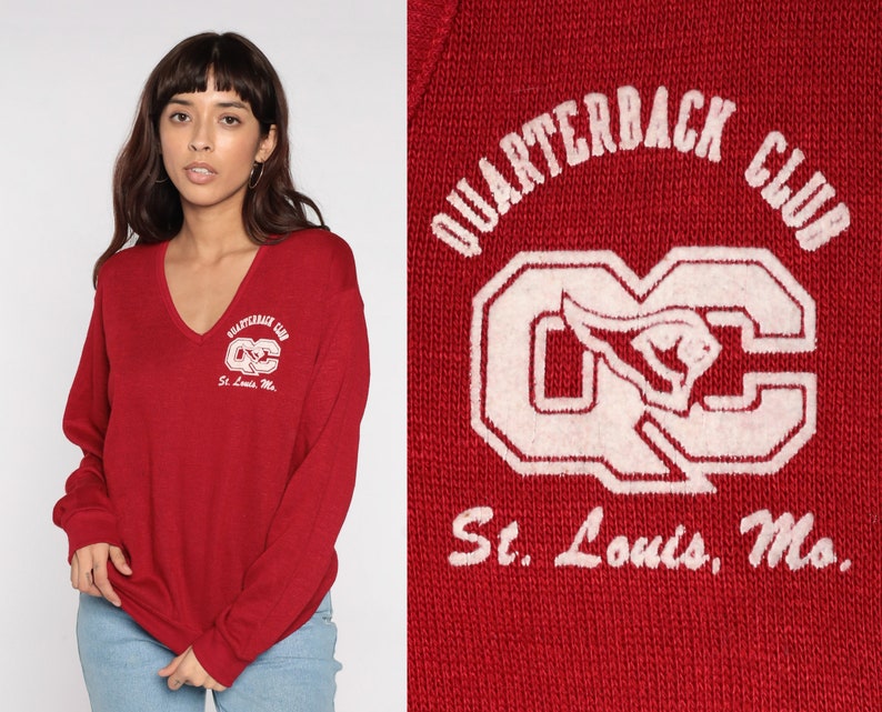 St Louis Cardinals Sweater 70s Knit V Neck Quarterback Club Football College Pullover Missouri University Shirt 1970s Red Vintage Large L image 1