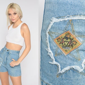 High Waisted Jean Shorts 90s Blue Denim Mom Shorts Embroidered Star Patch Jeans Retro Summer Plain Mid Length Vintage 1990s Extra Small 24