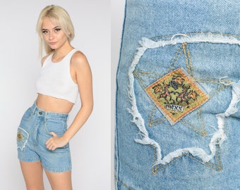 High Waisted Jean Shorts 90s Blue Denim Mom Shorts Embroidered Star Patch Jeans Retro Summer Plain Mid Length Vintage 1990s Extra Small 24