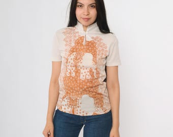 Vintage Elephant Shirt 70s Beige Graphic Tee Short Sleeve Indian Elephant Print Mandarin Collar 1970s Festival Boho Top Extra Small xs