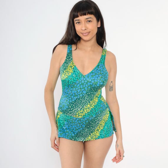 Vintage Floral One Piece Swimsuit 80s Blue Green V Neck Skirted Bathing Suit Low Open Scoop Back Swim Suit Swimwear 1980s 34 C Small Medium