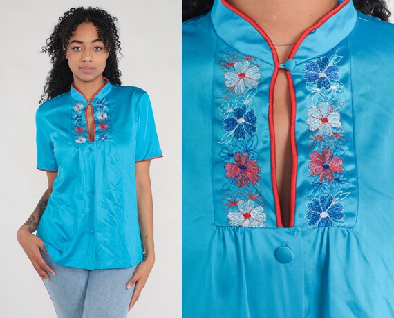 Camisa de pijama estilo asiatico 80s azul turquesa floral bordado pijama top boton arriba blusa flor sueno vintage 1980s manga corta grande L Etsy Mexico