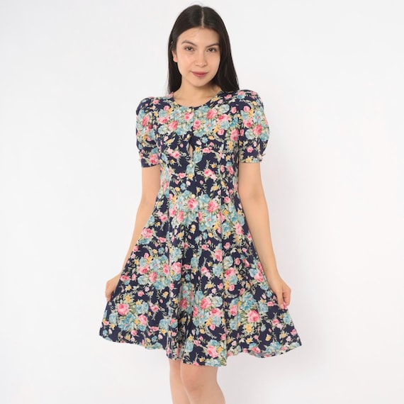 90s Floral Mini Dress Navy Puff Sleeve Lace Up Cotton Fit Flare Rose Print Garden Party Cottagecore Prairie Pink Blue Extra Extra Small XXS