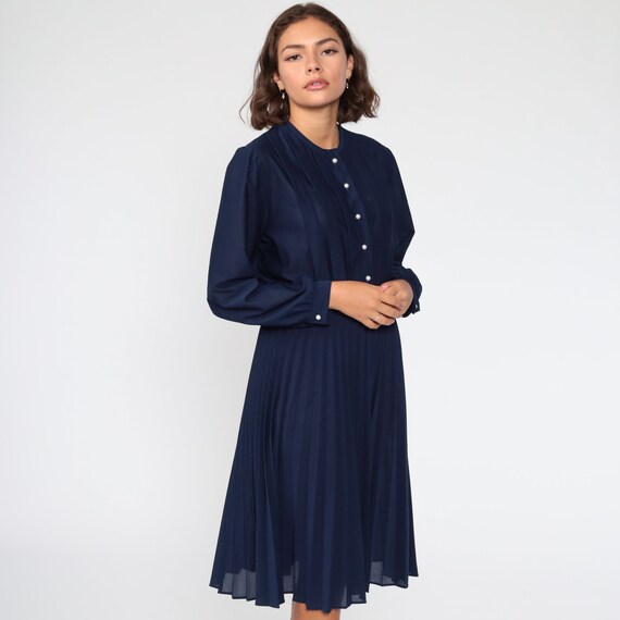 Navy Blue Dress Midi Puff Sleeve Dress 80s Secretary Dress 70s High Waisted PLEATED Semi-Sheer 1980s Vintage Knee Length Slouchy Medium