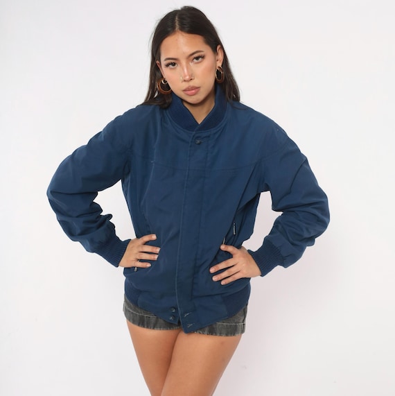 80s Baracuta Bomber Jacket Navy Blue Harrington Cotton Blend Ribbed Cuffs Red Tartan Lining Side Pockets Preppy Unisex Vintage Medium M