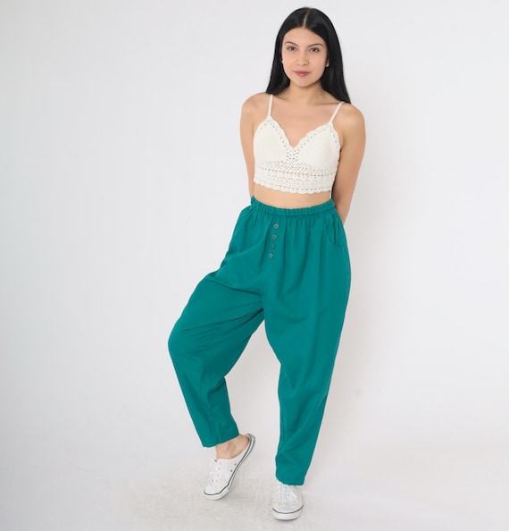 Vintage Teal Baggy Pants 90s Tapered Trousers High Elastic Waist Exposed Button Fly Retro Boho Slacks Basic Pockets 1990s Extra Large xl