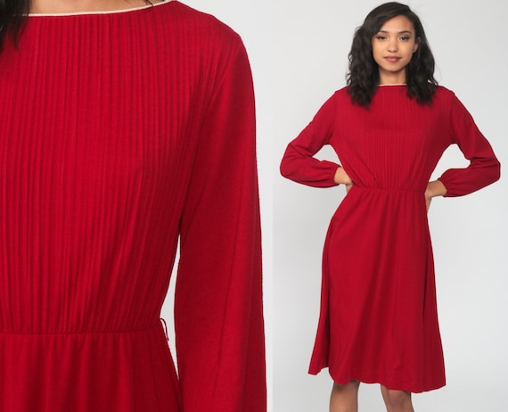 Plain Red Dress 70s Midi Day Dress Knife Pleated H